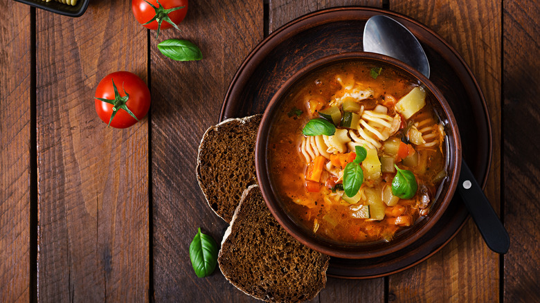 Minestrone soup and ladle