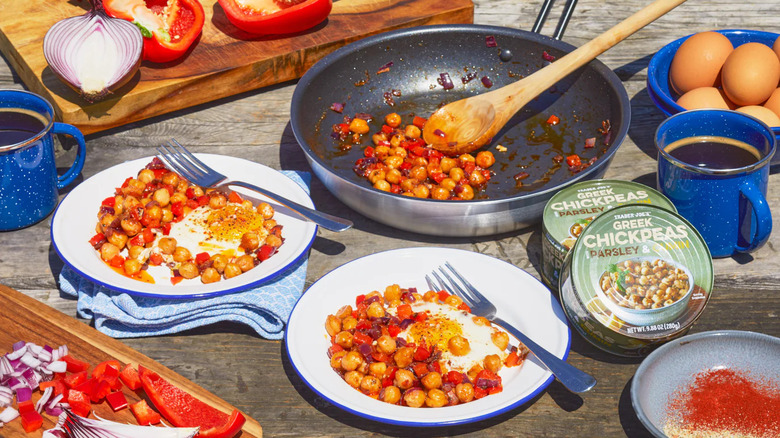 Trader Joe's Greek chickpeas on plate and pan