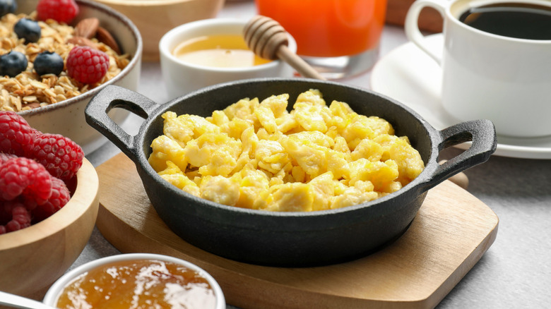 dish of scrambled eggs on a breakfast table