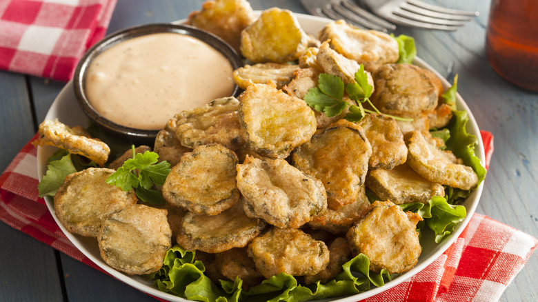 Plate of breaded fried pickles