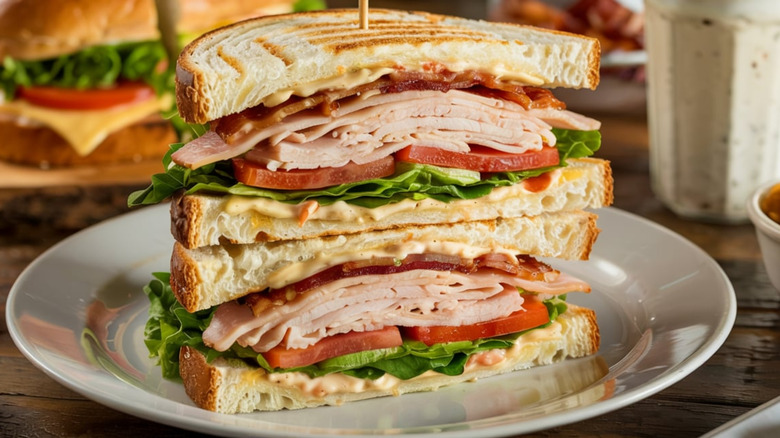 A layered turkey sandwich.