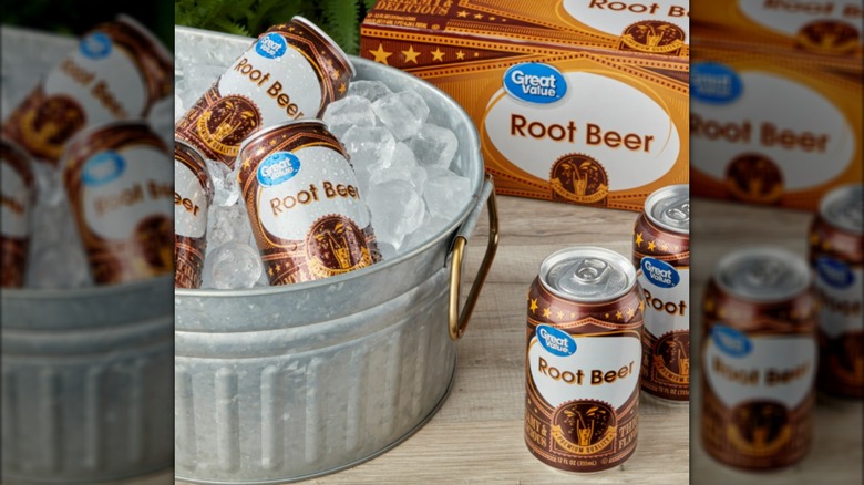 Walmart Great Value root beer cans on table and in ice bucket