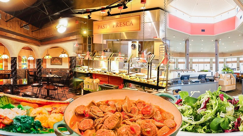 Three restaurant storefronts with dishes