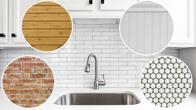 Close-up of exposed brick, wooden paneling, beadboard, and penny tile against a white backsplash