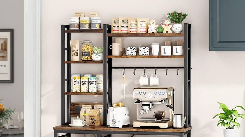 Coffee maker and other items on kitchen rack