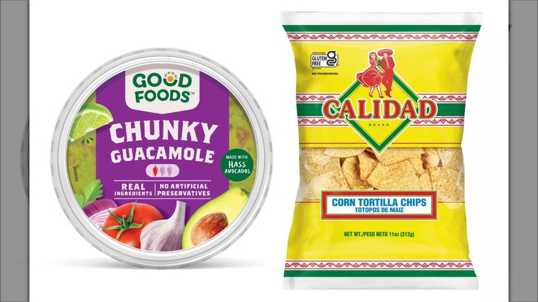 Packages of Good Foods Chunky Guacamole and Calidad Yellow Corn Tortilla Chips