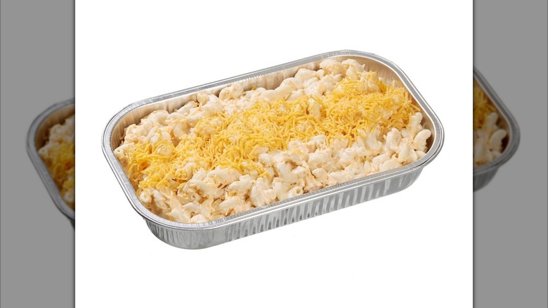 Foil tray of Kirkland Signature Mac and Cheese from Costco