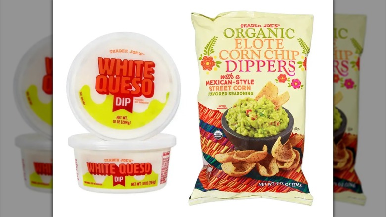 Tub of Trader Joe's White Queso and bag of Organic Elote Corn Chip Dippers