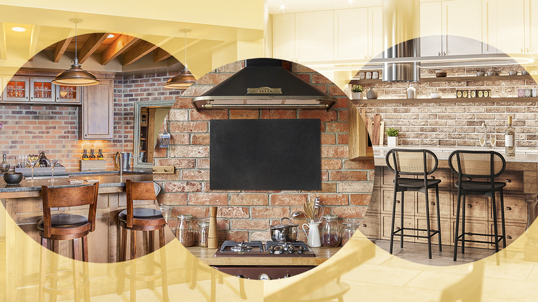 A close-up of different elements of a Tuscan kitchen, including exposed brick backsplash, wooden breakfast chairs, and a wooden kitchen island