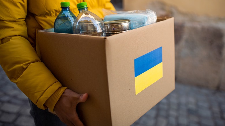 box with Ukraine flag donations