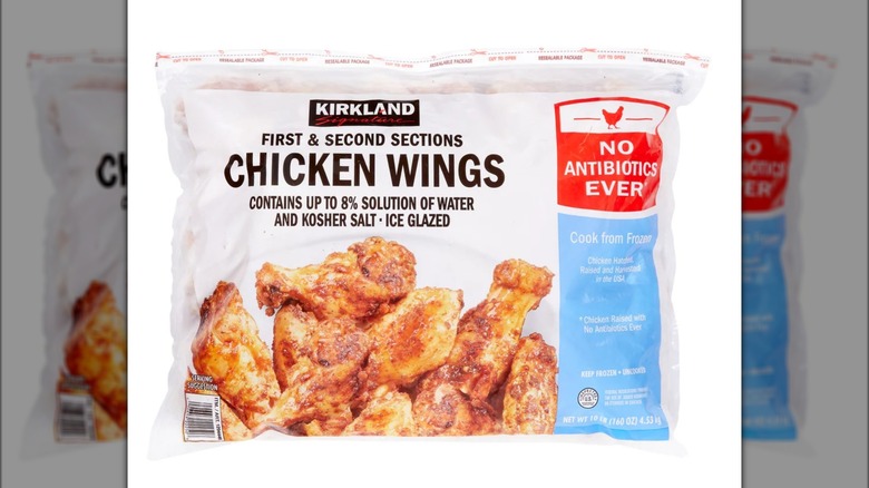 Bag of Costco Kirkland Signature frozen chicken wings