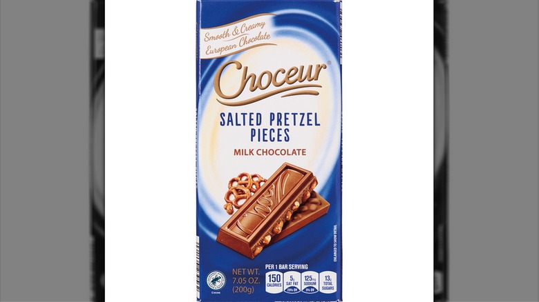 Stock image of Aldi's Choceur Milk Chocolate Bar with Salted Pretzel Pieces