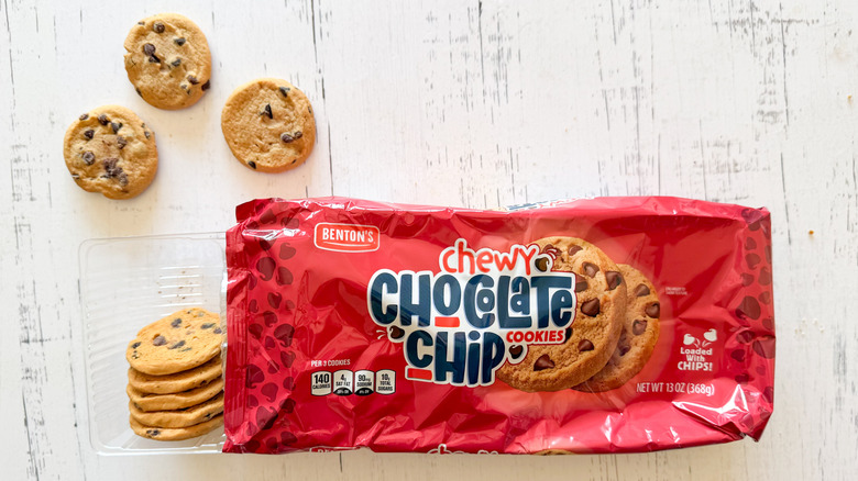 Benton's chewy chocolate chip cookies and package on a white wooden surface