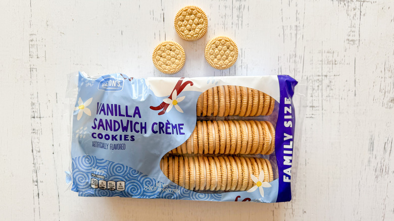 Benton's vanilla sandwich crème cookies and package on a white wooden surface