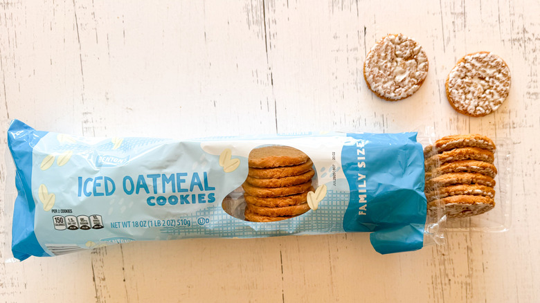 Benton's iced oatmeal cookies and package on a wooden surface