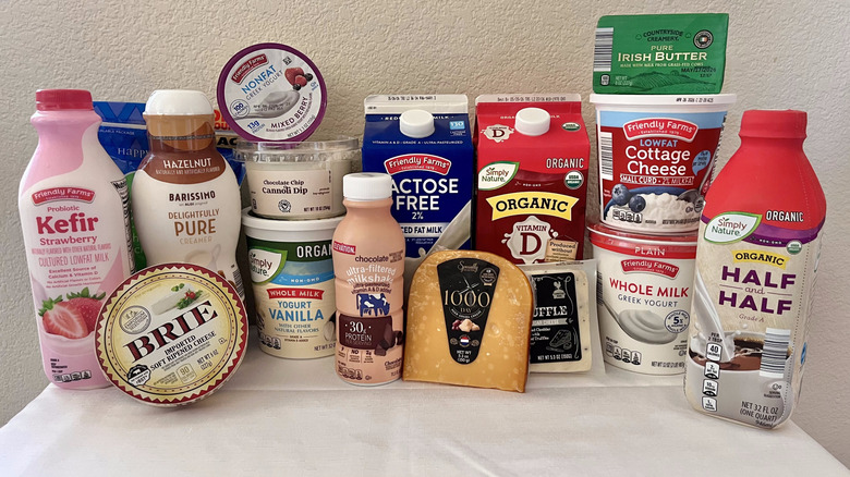 Various dairy products from Aldi on a table