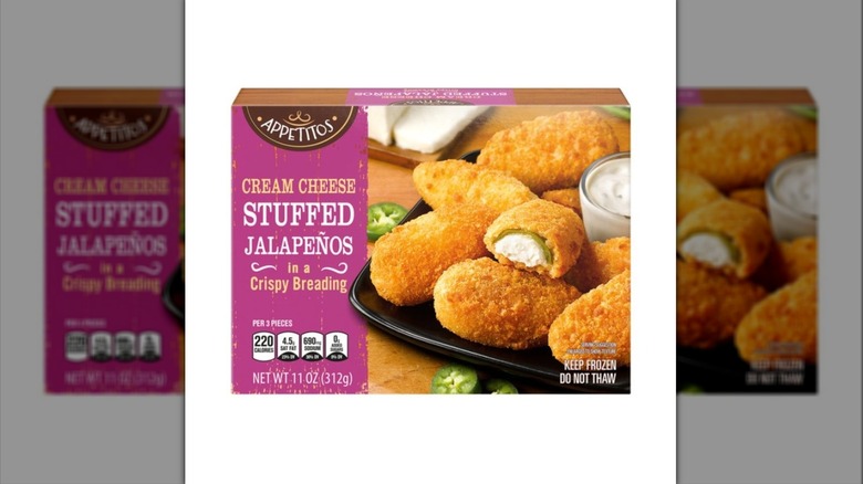 Box of Aldi Appetitos Cream Cheese Stuffed Jalapeños on a white background