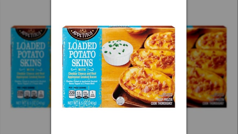 A box of Aldi brand Appetitos Loaded Potato Skins on a white background