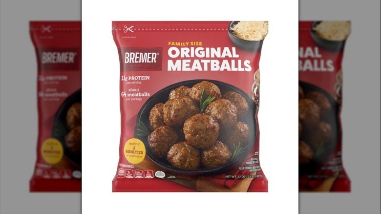 A red bag of Bremer Original Meatballs on a white background