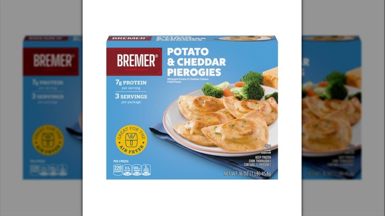 A blue box of Bremer Potato and Cheddar Pierogies from Aldi