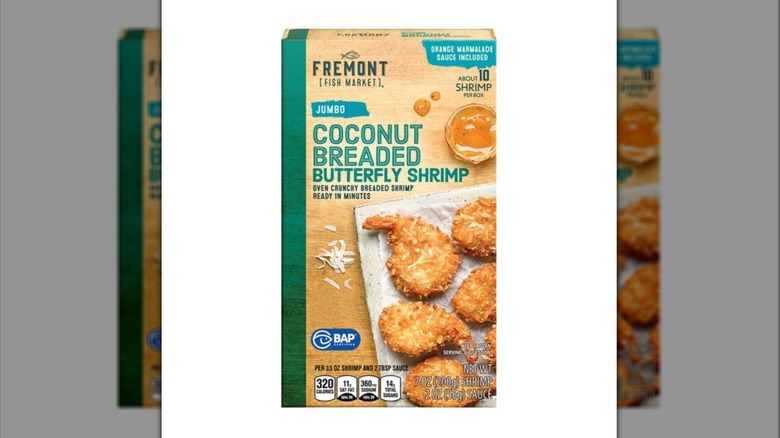A box of Fremont Fish Market Coconut Butterfly Shrimp from Aldi on a white background