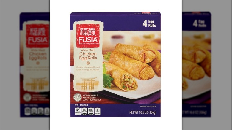 A box of Fusia Asian Inspirations Chicken Egg Rolls on a white background