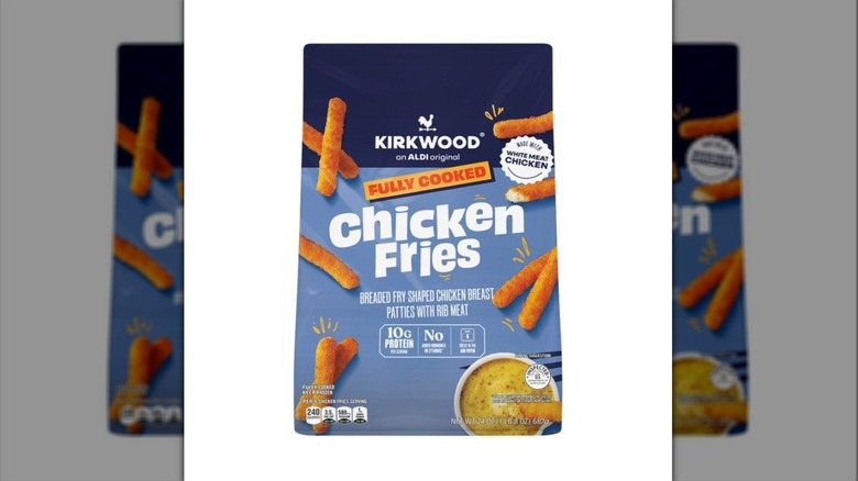 A blue bag of Aldi brand Kirkwood Chicken Fries on a white background