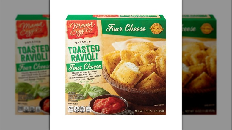 Box of Mama Cozzi's Pizza Kitchen Toasted Cheese Ravioli on white background