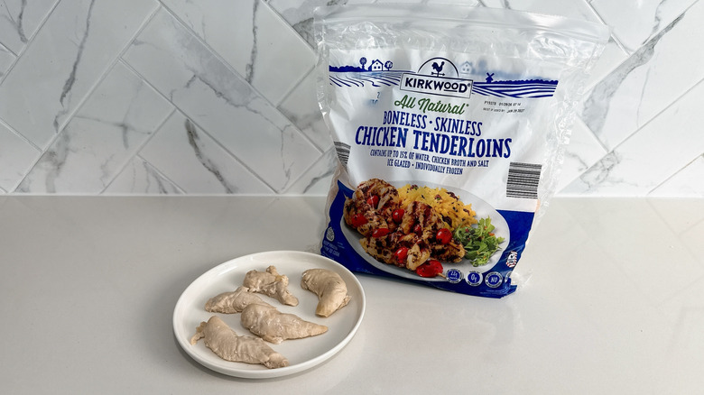Kirkwood chicken tenderloins on a plate with product bag alongside