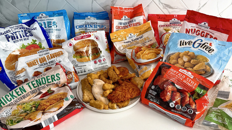 several bags of Aldi frozen chicken products