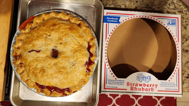 aerial view of a strawberry rhubarb Aldi The Village Pie Maker pie fresh from the oven