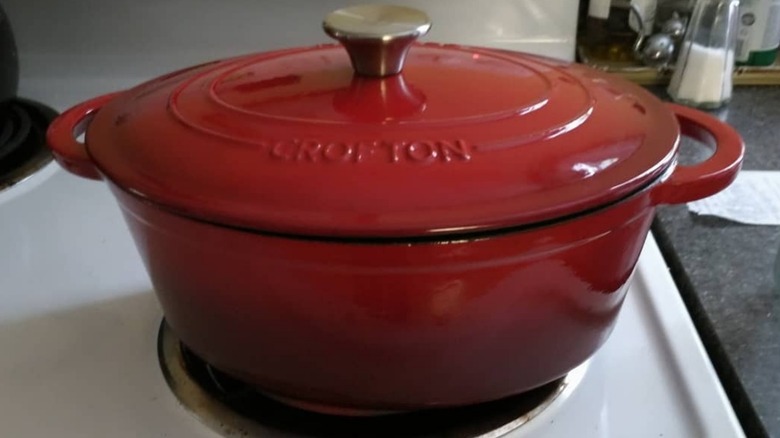 A Crofton Dutch oven from Aldi on a stovetop