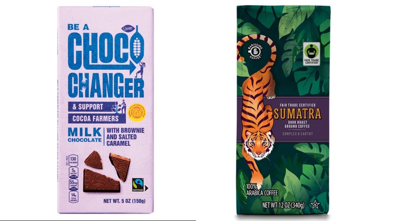 Split screen stock images of Choceur Milk Chocolate with Brownie and Salted Caramel & Barissimo Fair Trade Single Origin Sumatra Ground Coffee