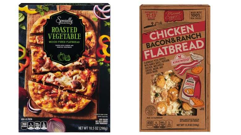 A split image of Specially Selected Roasted Vegetable Flatbread and Mama Cozzi's Chicken Bacon & Ranch Flatbread