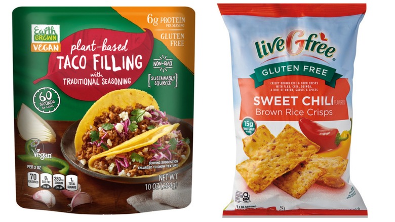 Split screens stock images of Earth Grown Plant Based Taco Filling and liveGfree Sweet Chili Brown Rice Crisps