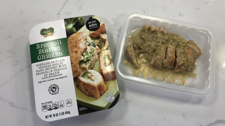 Aldi Park Street Deli broccoli stuffed chicken in plastic tray.