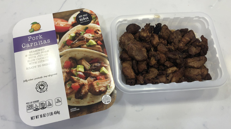 Aldi Park Street Deli pork carnitas in plastic tray.