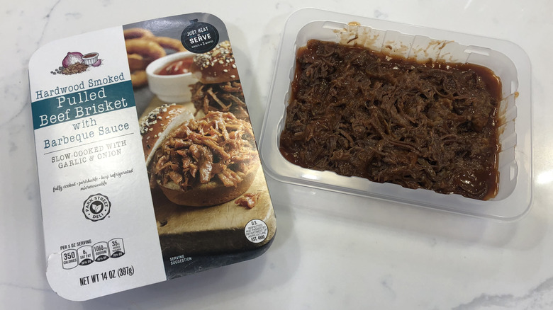 Aldi Park Street Deli smoked BBQ pulled beef brisket in plastic tray.