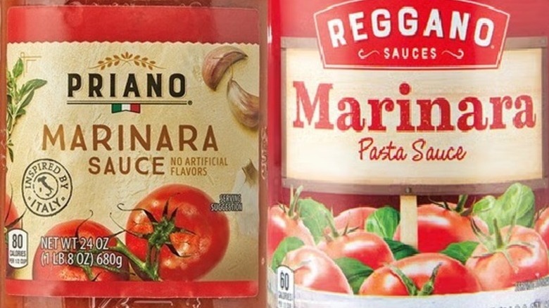 Side by side view of the labels for Priano marinara sauce and Reggano marinara sauce