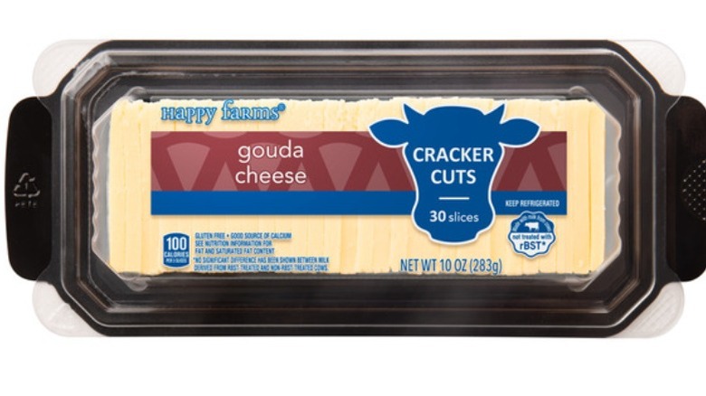 Happy Farms gouda cheese on a white background