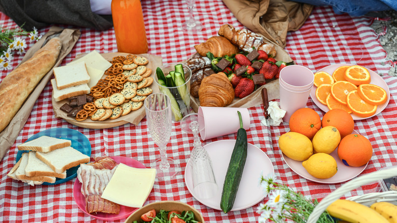 Picnic with gingham cloth and food