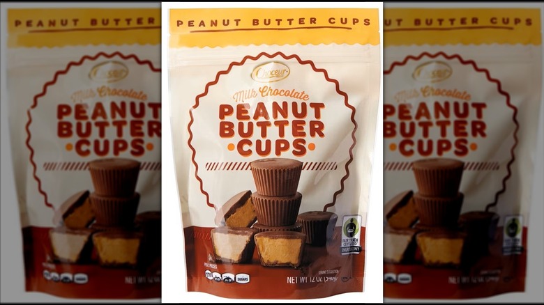 A bag of choceur brand peanut butter cups featuring a stack of little peanut butter cups on the label under the name