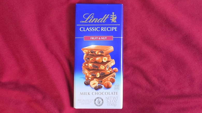 Package of Lindt classic recipe fruit and nut milk chocolate bar