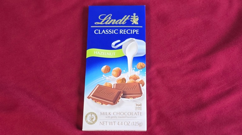 Package of Lindt classic recipe hazelnut milk chocolate candy bar