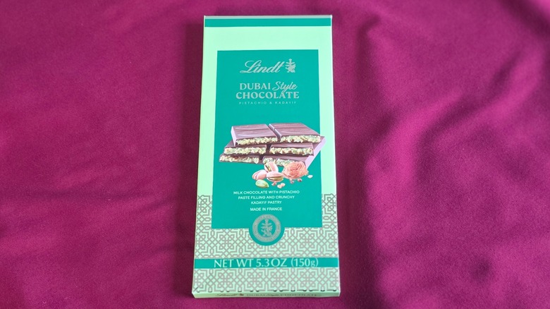 Package of Lindt Dubai style milk chocolate candy with pistachio & kadayif