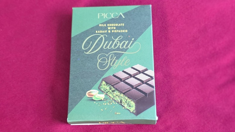 Package of Picca Dubai style milk chocolate with kadaif & pistachio