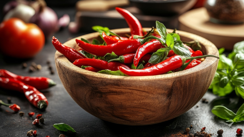 wooden bowl with peppers