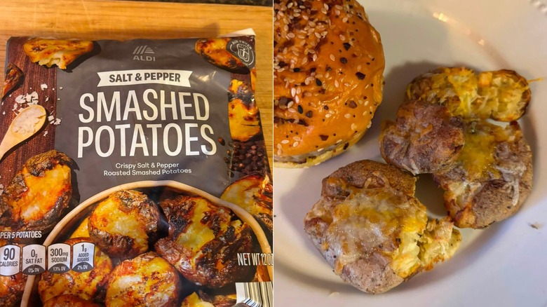 A split-screen view of a package of Aldi Salt & Pepper Smashed Potatoes next to a plate of the potatoes