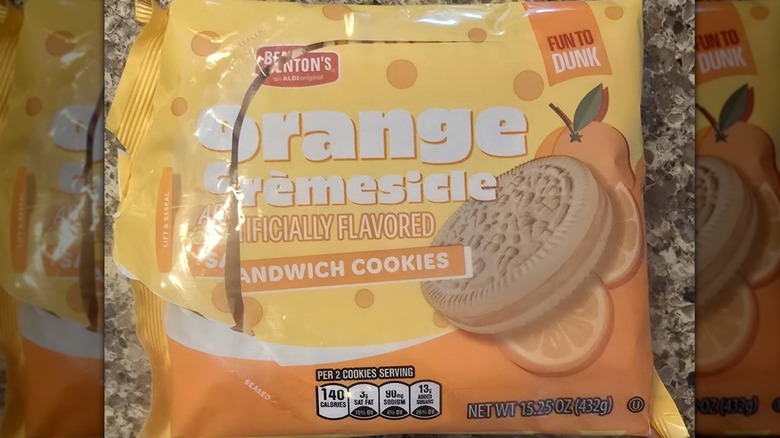 An open package of Benton's Orange Cremesicle Sandwich Cookies from Aldi