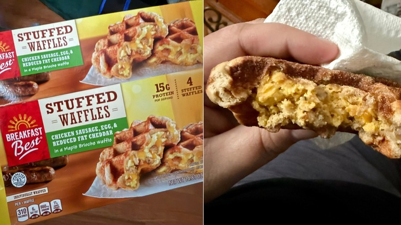 A split-screen view of a box of Breakfast Best Sausage, Egg, and Cheese Stuffed Waffles next to a hand holding a waffle